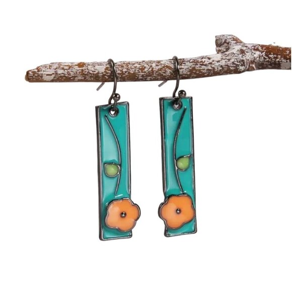 Enamel Earrings Turquoise and Coral Flowers - Picture 2 of 2